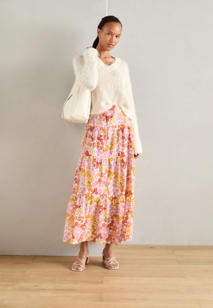 Pure Cotton Tiered Print Midi Skirt