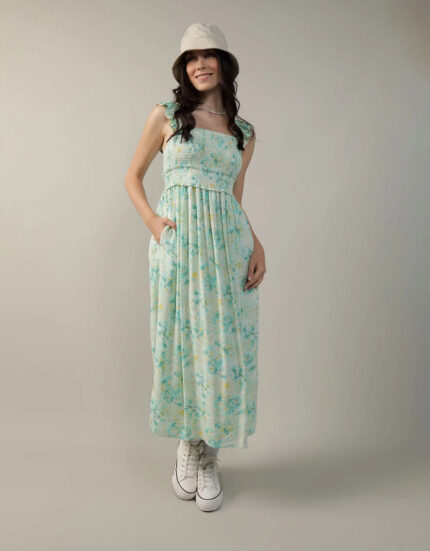 Smocked Flutter Sleeve Print Midi