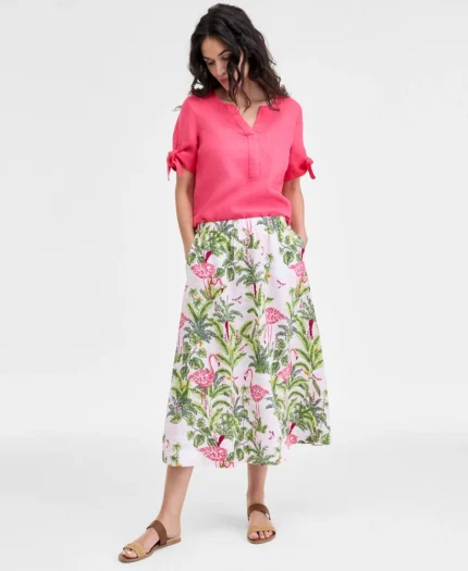 Linen Pull-on Print Midi Skirt